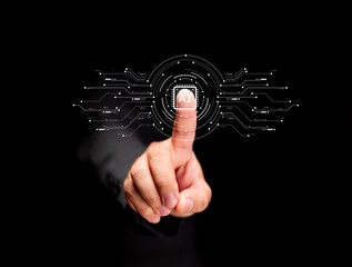 A hand touching a digital interface representing artificial intelligence, surrounded by circuit patterns on a black background.