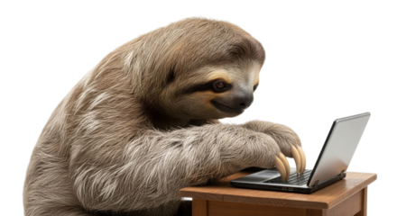 Sloth typing on a laptop computer isolated PNG with Transparent Background