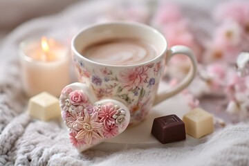 Heart-shaped floral decoration next to coffee cup, candle, small chocolates, soft evening glow, pastel background, intimate Valentine Day atmosphere. High quality photo