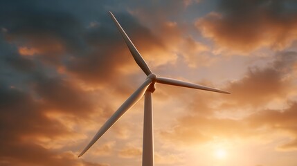 Wind turbine generates renewable energy against a dramatic golden hour sunset sky