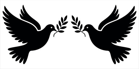 Two elegant black doves carrying olive branches, symbolizing peace and hope in a clean, minimalist design.