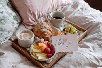 Breakfast tray with coffee, croissants, fresh fruits, "I love you" card, soft pastel bedding, morning sunlight, cozy Valentine Day. High quality photo