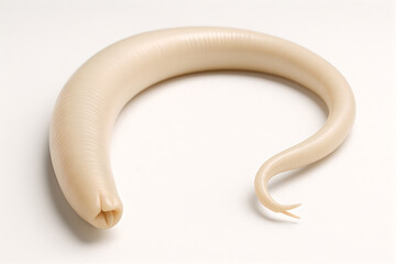Photorealistic 3D anatomy of Ascaris lumbricoides adult (female), long cylindrical body with smooth cuticle, tapered ends, three prominent lips at anterior (dorsal and two ventrolateral)