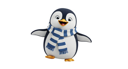 Obraz premium A cheerful cartoon penguin with a blue and white striped scarf is standing and smiling, the penguin has a cute expression and is ready for winter