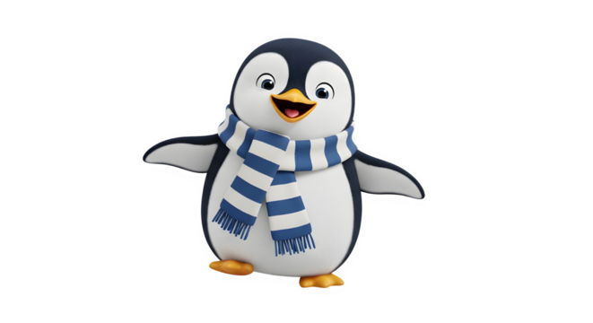 A cheerful cartoon penguin with a blue and white striped scarf is standing and smiling, the penguin has a cute expression and is ready for winter