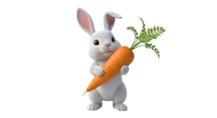 A charming white cartoon bunny is holding a large carrot with green leaves, the bunny has big eyes and a sweet expression, perfect for spring and easter