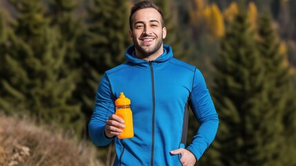 Man smiles outdoors, holding a bright orange water bottle, highlighting fitness and wellness