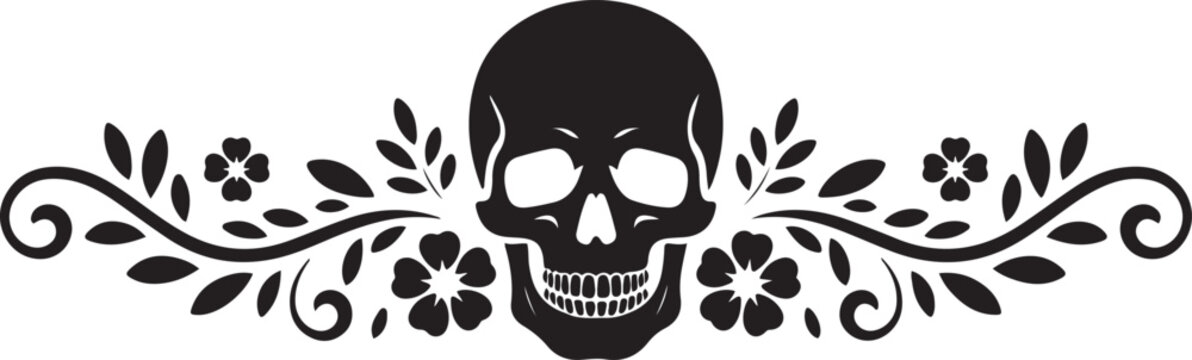 Vintage border with skull and floral curls &mdash; elegant gothic header ornament for halloween. Vector Black silhouettes. with white background