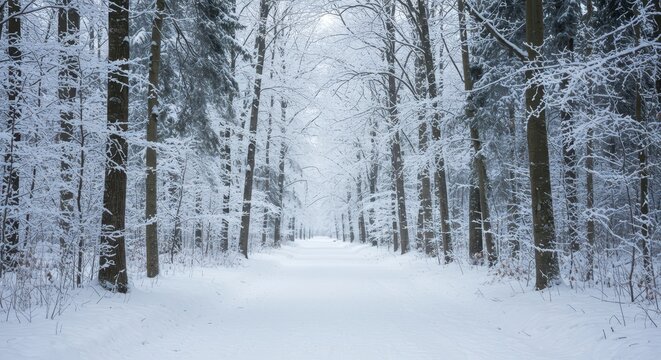 A quiet, snowy path winds deeply into the dense, silent winter forest surrounded by tall, frosted trees and deep white drifts, ice, scenic, seasonal