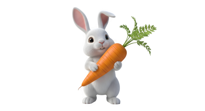 A charming white cartoon bunny is holding a large carrot with green leaves, the bunny has big eyes and a sweet expression, perfect for spring and easter