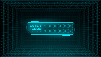 Glowing digital keypad with enter code text in a 3D grid room. Futuristic heads up display element for technological interface or virtual reality.