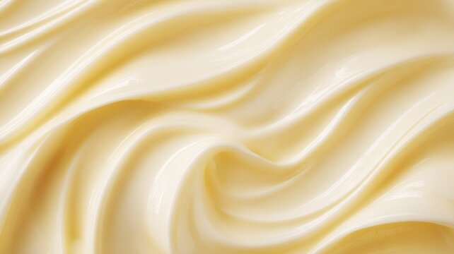 Close-up view of smooth cream swirl, featuring warm yellow tones and soft lighting. Fluid texture creates calming visual effect. Isolated on solid background. Neural network AI generated