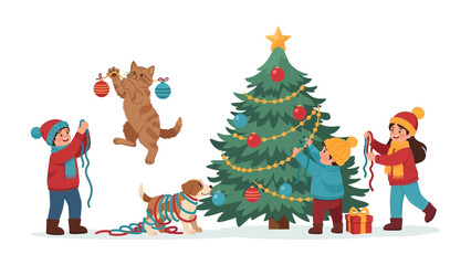 Festive cheer: Children and pets decorate a christmas tree. A heart-warming illustration of holiday traditions. 