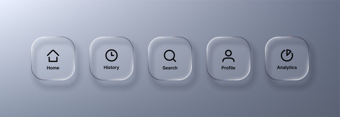 Modern user interface elements with liquid glass morphism vector icons for home, history, search, profile, and analytics, for app or web design.