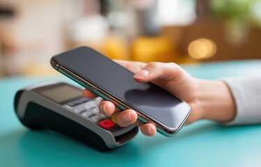 Person interacts with a payment terminal using a smartphone in a bright, spacious cafe setting
