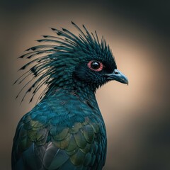 Close up profile view of a majestic bird showing its vibrant, colorful crest feathers standing upright against a soft natural background in the wild, feathers, bird, nature