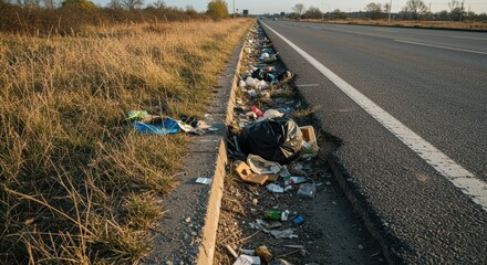 Close up view of abandoned trash and litter scattered along the dusty edge of a worn highway next to dry grass and concrete pollution, highway, grime, gravel