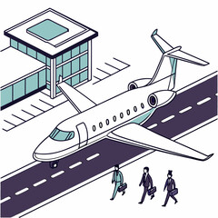 Isometric view of private jet at airport with business men