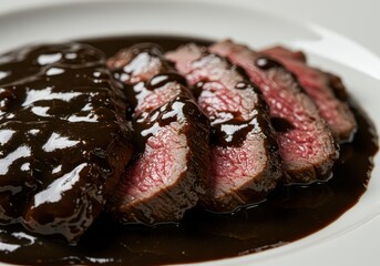 Close-up of glossy slices of tender beef coated in a thick, rich black sauce, highlighting the texture and deep color of the dish, cuisine, Asian, meal