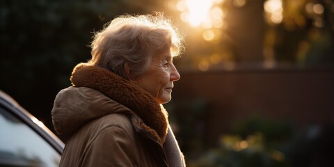 Mature caucasian woman in warm coat enjoying sunset outdoors