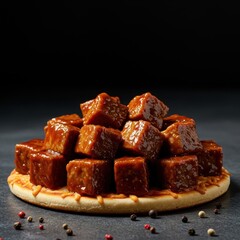 Close-up of saucy, diced barbecue meat cubes, perfect for topping pizzas, salads, or served as a flavorful appetizer, topping, food, grilled