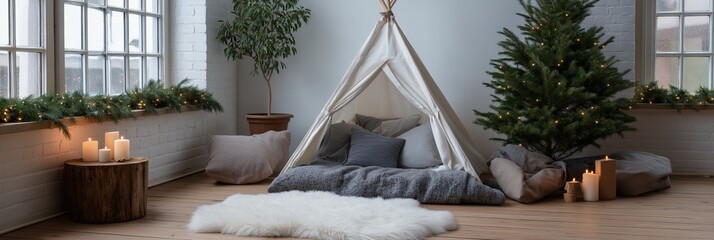 Cozy winter-inspired living room with teepee, christmas tree, and soft textiles