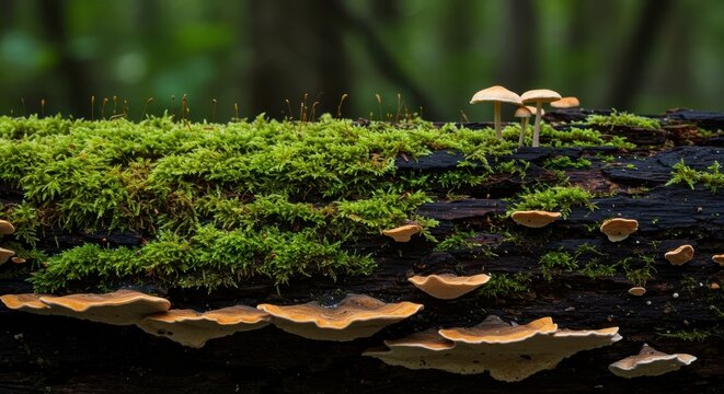 Close view of vibrant moss and fungi sprouting from a decaying log in a humid, dense woodland, illustrating decomposition and nutrient cycling, nature, terrestrial, decay