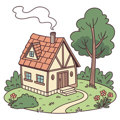 Illustration of a quaint house with a tree and a winding path