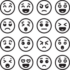 Collection of sixteen different simple black and white emoji face expressions icon