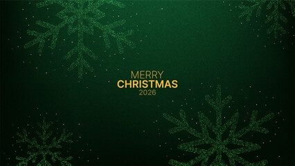 Merry Christmas 2026 glittering green snowflake vector art on a dark green background for holiday greeting card or festive advertisement.