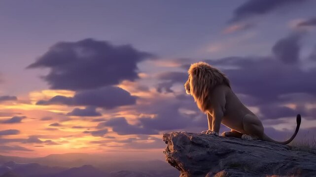 Majestic lion silhouette on cliff at sunset with dramatic sky
