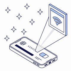 Isometric view of mobile payment with wifi and star icons
