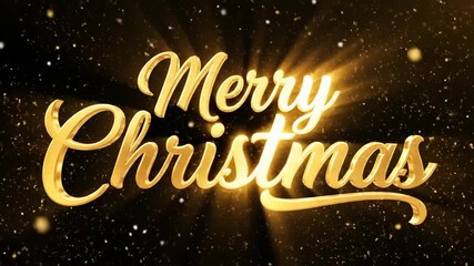 Golden Merry Christmas text animation. Vertical video of sparkling glitter particles falling on a black background. Festive holiday greeting and magical intro - Powered by Adobe