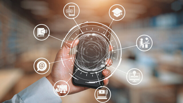 Online education icons show e-learning, online education classes, and digital study. Online education enables global online education access, flexible learning. Gist