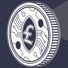 Illustration of a coin with a pound symbol and circuit lines