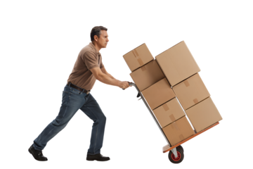 Man in brown shirt pushing a dolly loaded with stacked cardboard boxes against a black background