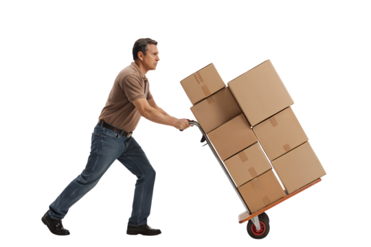 Man in brown shirt pushing a dolly loaded with stacked cardboard boxes against a black background