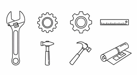 Hand-drawn tool icon set including wrench, hammer, screwdriver, and saw representing mechanical repair, construction, and DIY work
