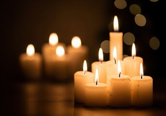 Warm glowing candles illuminating a festive holiday setup, conveying cozy Christmas atmosphere and winter cheer, pine, december, bokeh