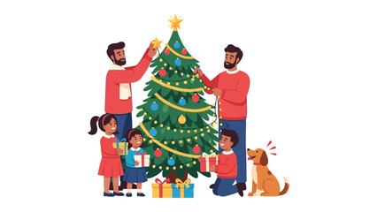 Family Festive Cheer: A joyful family gathers to adorn a Christmas tree with ornaments, the scene a perfect blend of holiday spirit and the warmth of togetherness.