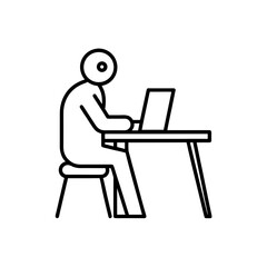 Person working on a laptop at a desk line drawing on transparent background silhouette