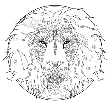 Lion dessin noir et blanc zodiaque motif zen