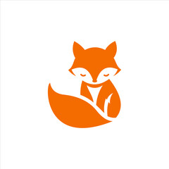 Cute Orange Fox Sitting Logo, Sleeping with Curled Tail Vector.