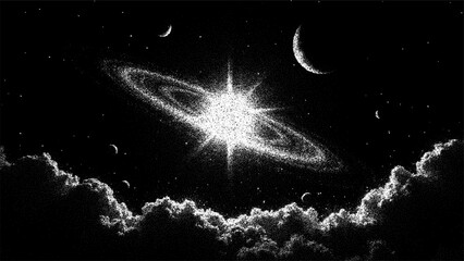 Galactic burst with swirling starry nebula and crescent moon above cosmic clouds. Celestial space vector background with planets. © hiten666