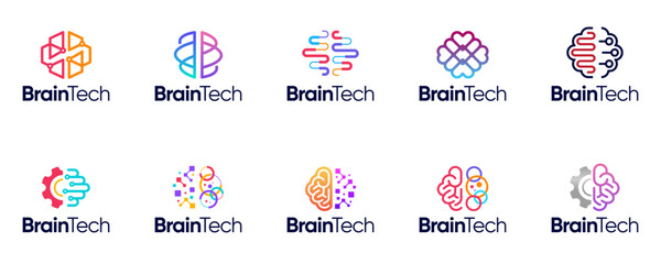 A collection of smart technology logos with a human brain concept, neural network connection system, vector illustration design.