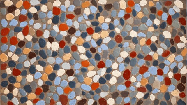 Fototapeta Multicolored pebbles arranged on abstract surface hues of orange, black, white, blue interspersed randomly, creating modern mosaic effect. Soft lighting enhances texture. Neural network AI generated