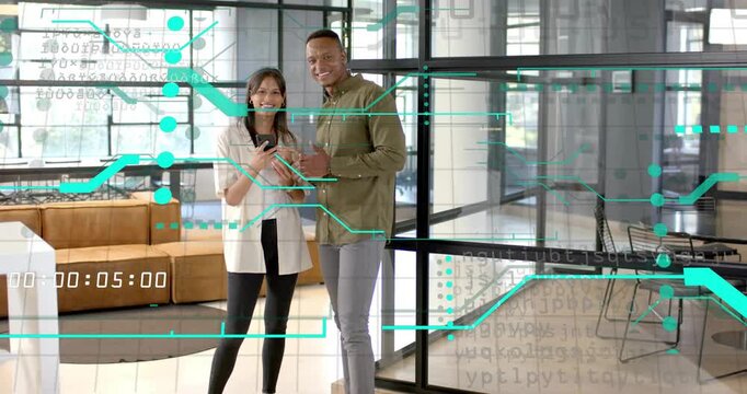 Woman holding phone starting business review while man leaning in, HUD overlaying timestamp