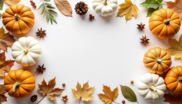 Autumn harvest display featuring pumpkins and leaves seasonal decor white background warm lighting nature's bounty