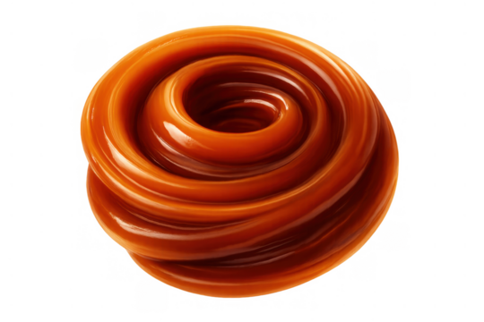 Golden caramel sauce creating a rich, sweet spiral swirl, perfect for dessert topping with transparent background