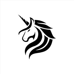 Black Unicorn Head Vector Logo, Mythical Creature Silhouette, Flowing Mane.